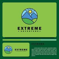 farming logo design template, with a simple illustration icon of a mountain view and green land. vector