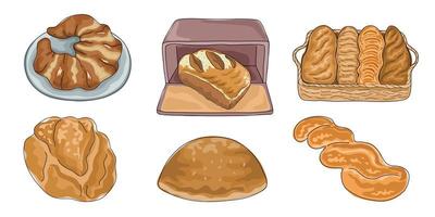 Set of vector illustrations, homemade bread, designed in doodle style. on a white background for card decorations, menus, digital prints, bread making illustrations, stickers, scrapbook and more