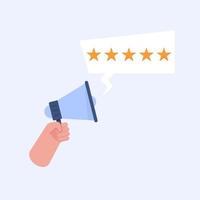 Review rating stars in bubble with hand holding megaphone vector