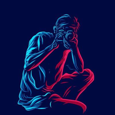 Male photographer takes a photo.  Lne pop art portrait logo colorful design with dark background. Abstract vector illustration.