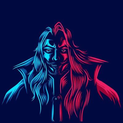 The vampire line pop art portrait colorful logo design with dark background. Abstract vector illustration.