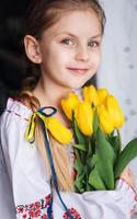 A little Ukrainian girl in traditional clothes holds a yellow tulips in her hands photo