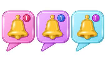 Collection gold bells in square speech bubbles 3d cartoon icons vector