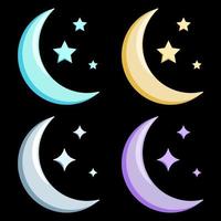 conjunto colorido luna creciente estilo de dibujos animados plana fondo negro aislado vector