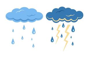 set rain clouds with lightning flat cartoon style isolated white background vector