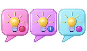 Collection light bulbs in square speech bubbles 3d cartoon icons vector