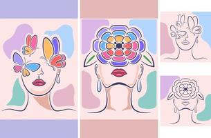 collection women faces art line postel colors for social media format vector