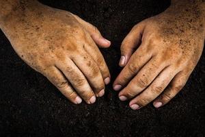 Hands dirty with clay , soil background photo