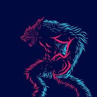Werewolf line pop art portrait colorful logo design with dark background. Abstract vector illustration.