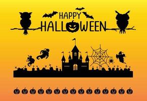 feliz halloween, colección de juegos de caracteres de silueta, calabazas y murciélagos voladores ilustración vectorial vector