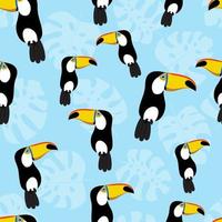 Bird toucan and leaves seamless pattern. vector