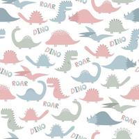 Vector seamless pattern with cute dinosaur character on white background. Cartoon design in childish doodle style for textile, books, phone cases