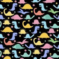 Vector hand drawn illustration with the cute dinosaurs and simple flowers, seamless pattern on a black background.