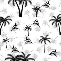 Summer funny seamless pattern design. Shark with sunglasses, palm tree, surfboard, wave and seashell. vector