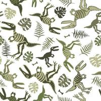 Dinosaur skeletons and tropical leaves with bones. Seamless print in khaki colors. vector