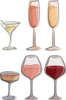 copa de vino de cristal martini champán bebidas alcohólicas, para invitaciones a fiestas tarjeta de cumpleaños bar restaurante menú diseño guardar la fecha vector aislado en blanco