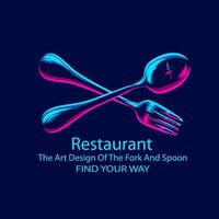 Fork and spoon in restaurant logo line pop art portrait colorful design with dark background. Abstract vector illustration.