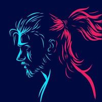 Samurai man hairstyle line pop art portrait colorful logo  design with dark background. Abstract vector illustration.