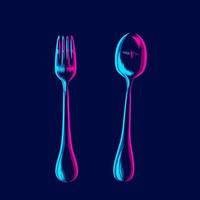 Fork and spoon in restaurant logo line pop art portrait colorful design with dark background. Abstract vector illustration.