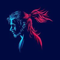 Samurai man hairstyle line pop art portrait colorful logo  design with dark background. Abstract vector illustration.