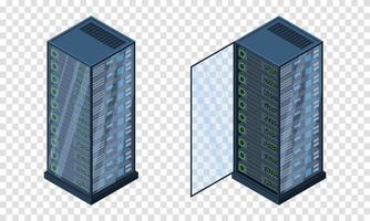 Isometric servers. Data storages. 3D computer equipment. Storage database. Equipment server network. Big data illustration
