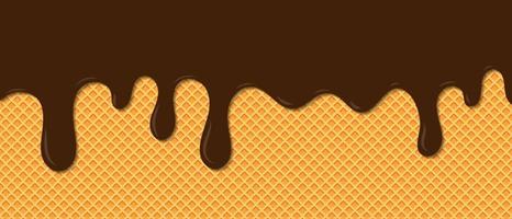 Chocolate ice cream melted on waffle background. Cream melted on waffle background. Sweet ice cream flowing down on cone. Vector Illustration