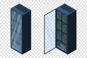Isometric servers. Data storages. 3D computer equipment. Storage database. Equipment server network. Big data illustration vector