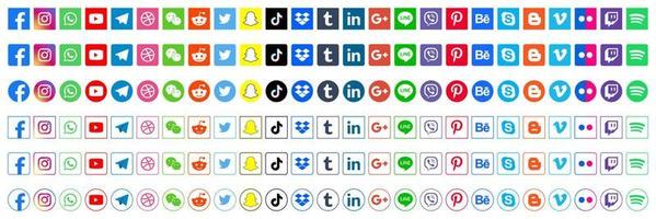 Set popular social media icons. Facebook, instagram, twitter, youtube, pinterest, behance, google, linkedin, whatsap, snapchat and many more. Editorial vector illustration