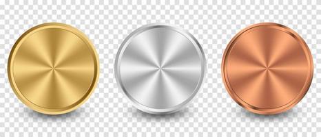 Collection of gold, silver, bronze radial metallic gradient. Plates with gold, silver, bronze metallic effect. Vector illustration