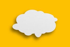 White paper in speech bubble shape set against yellow background. photo