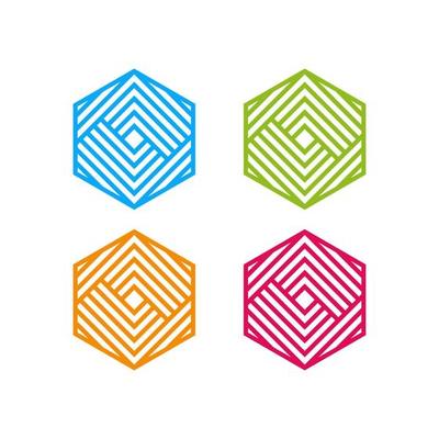 Tech Cube logo design template. Vector hexagon logotype illustration with stripe. Graphic modern box icon symbol isolated on background.
