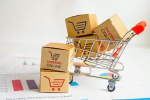 Online shopping, Shopping cart box on business graph, import export, finance commerce. photo