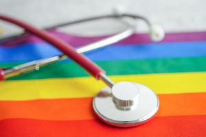 LGBT symbol, Stethoscope with rainbow ribbon, rights and gender equality, LGBT Pride Month in June. photo