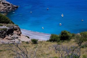 Beautiful beach with very clean and azure water on the mediterranean sea in the island of Ibiza, Spain photo