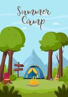 paisaje de verano en el bosque. camping de verano, senderismo, camper, concepto de tiempo de aventura. ilustración de vector plano para cartel, pancarta, volante