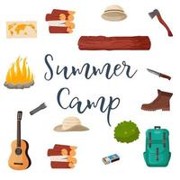 conjunto de camping y senderismo. colección de herramientas de viaje de campamento de verano para la supervivencia en la naturaleza, carpa, mochila, mapa, hacha, fogata y otros equipos de campamento vector
