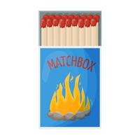 Opened matchbox full of matches. Household flammable tool for lighting fire in cardboard box. Flat vector illustration