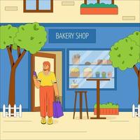 The building of the city bakery with outdoor tables and chairs. The character something buy in a bakery shop. Vector concept of a summer cafe. Flat vector illustration