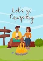 A young couple is sitting by a campfire in nature. Summertime camping, hiking, camper, adventure time concept. Flat vector illustration for poster, banner, flyer.