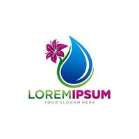 hermoso lirio púrpura flor verde naturaleza y gota de agua vector logo icono