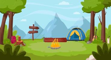 Summer landscape in the forest. Summertime camping, hiking, camper, adventure time concept. Flat vector illustration for poster, banner, flyer.