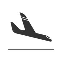 Airplane arrival glyph icon. Plane landing. Silhouette symbol. Negative space. Vector isolated illustration