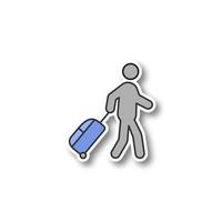 Person with baggage patch. Tourist, traveler. Passenger. Color sticker. Vector isolated illustration