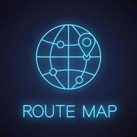 International route map neon light icon. Globe with pinpoint. Worldwide trade, tourism glowing sign. Vector isolated illustration