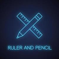 Ruler and pencil neon light icon. Glowing sign. Drawing and drafting tools. Vector isolated illustration