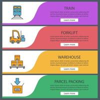 Cargo shipping web banner templates set. Delivery service. Train, forklift, warehouse, parcel packing. Website color menu items. Vector headers design concepts