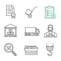 Cargo shipping linear icons set. Certificate, dolly cart, invoice, storage, delivery truck, driver, parcel tracking, vessel, crane hook. Thin line contour symbols. Isolated vector outline illustration