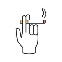 mano sosteniendo un icono de color de cigarrillo en llamas. mano del fumador. ilustración vectorial aislada vector