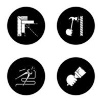 conjunto de iconos de glifo de herramientas de construcción. Escuadra, clavo martilleante, alicates de punta redonda, pincel en la mano. ilustraciones de siluetas blancas vectoriales en círculos negros