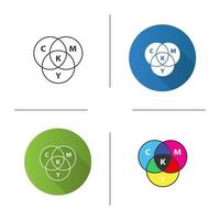 CMYK circle model icon. Flat design, linear and color styles. Cyan, magenta, yellow, key color scheme. Isolated vector illustrations